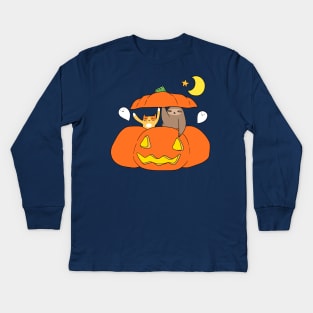 Tabby Cat Sloth and Pumpkin Kids Long Sleeve T-Shirt